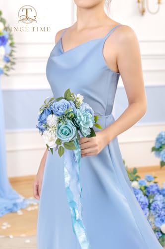 TINGE TIME 7 Inch Artificial Flowers Wedding Bouquets for Bridesmaid, Set of 4, Provence Blue Bride Tossing Bouquet for Summer Wedding Ceremony Bridal Shower Rehearsal Dinner Vintage Party - color: Provence Blue