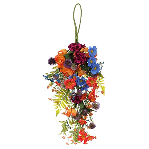 22.8in Artificial Daisy Teardrop Swag, Colorful Floral Swag with Green Leaves, Fake Daisy Flower Swag Front Door Decorative Swag for Door Wall Wedding Arch Decor(Colorful)