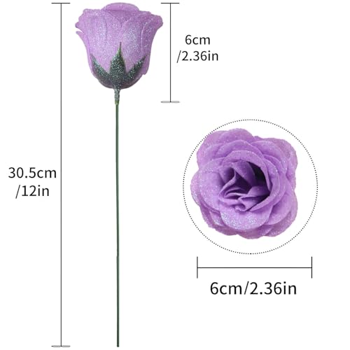 Artificial Roses with Stems,30PCS Glitter Roses Bouquet Lilac Flowers for Wedding Bouquet Party Christmas Home Decor(Lilac) - color: Lilac