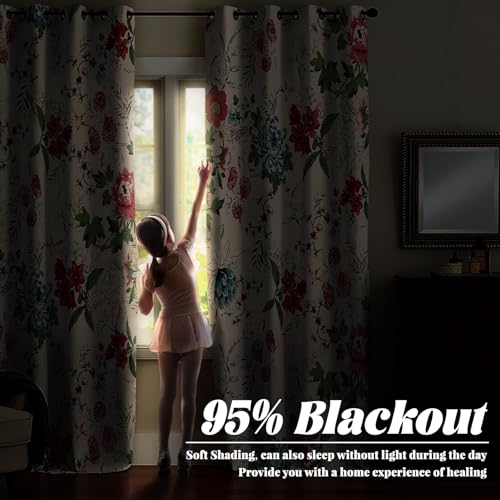 Renaiss Boho Flower Blackout Curtains Wild Blue Pink Floral Thermal Insulated Window Drapes for Bedroom 29W x 45L inches 2 Panel Set Beige Window Curtain Panels for Kitchen - color: Floral & Leaf, size: 29"W x 45"L (Pack of 2)