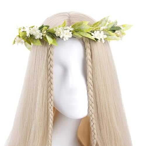 White Flower Crowns Headband, Artificial Boho Floral Headpiece with Green Leaf, Fairy Forest Elven Headwear with Ribbon for Women Girls Bridal Wedding Renaissance Festivals Hair Accessories - color: Bohemian White