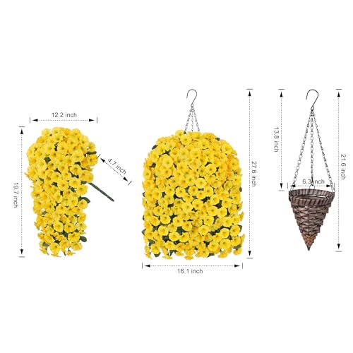 HyeFlora Artificial Fake Hanging Flowers Plants Baskets for Outdoor Outside, Faux Silk Yellow Morning Glory Flowers UV Resistant Look Real Hanging Planter for Home Porch Patio Balcony Yard Decor - color: Yellow Morning Glory