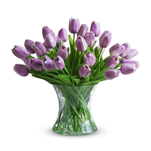 Real Touch Artificial Tulips with Glass Vase and Acrylic Water, 40 Pcs Fake Tulip Flowers Bouquet for Home Office Decor, Silk Flowers Arrangements for Dining Table Wedding Centerpiece (Purple) - color: Purple