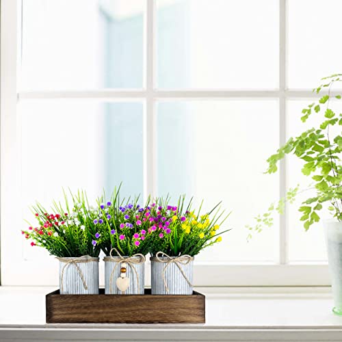 CALAVAK Decorative Centerpiece Wooden Tray with 3 Metal Potted Artificial Babys Breath Gypsophila Plant Flowers Rustic Country Farmhouse Décor for Dining Room, Living Room and Kitchen Table - style: Milan Plants