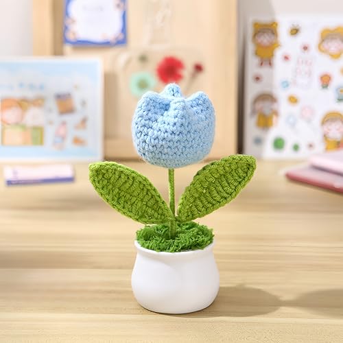 Crochet Tulip Flowers, 2pcs Small Potted Flower Tulip Artificial Flowers Handmade Knitted Tulips Potted Plants for Home Office Desk Decorations Gift (White) - color: White Tulip
