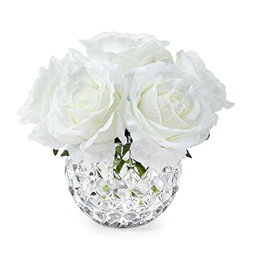 7 Large Stem Rose Artificial Flowers in Vase, Silk Flowers Arrangement in Round Glass Vase Without Water for Home Decor, Wedding Table (Cream) - color: White W/O Water