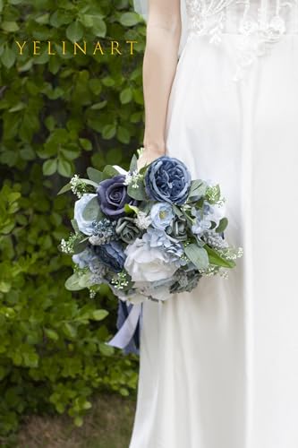 10 Inch Dusty Blue Wedding Bouquets for Bride Artificial Roses Flower Cascading Cascade Bridal Bouquet for Rustic Boho Fall Vintage Wedding Ceremony Party and Anniversary - color: Dusty Blue