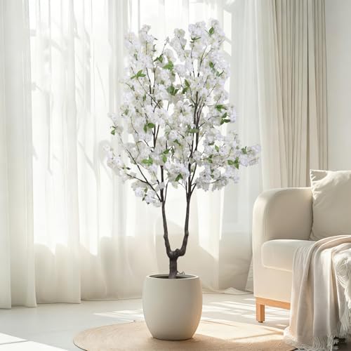 Faux White Cherry Blossom Tree 6ft(72in) Tall Artificial Japanese Sakura in Pot Realistic Cherry Plant Decor Handmade Natural Fake Pink Flower Tree for Christmas,New Year,Wedding,Living Room - color: Cherry Blossom(white 9), size: 6ft