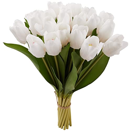 20PCS Artificial Tulips Real Touch Faux Flower Moisturizing Tulips for Photography Ornaments Home Garden Wedding Party Decor Fake Flowers (White) - color: White