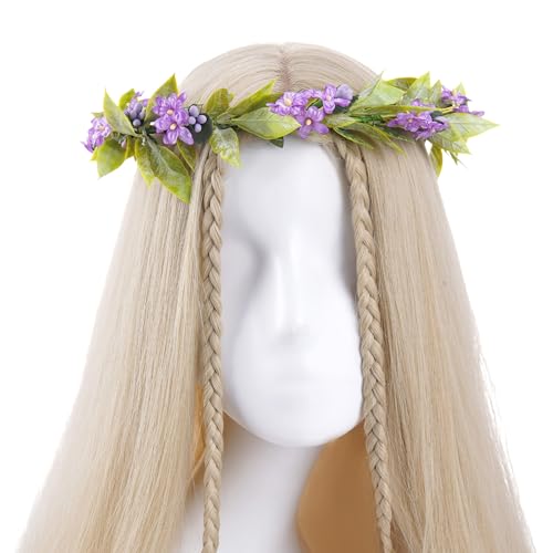 Fairy Flower Crown Headband, Artificial Purple Floral Green Leaf Headpiece, Boho Bridal Flower Headbands for Women Girls Renaissance Cosplay Wedding Birthday Party Hair Accessories - color: Bohemian Purple
