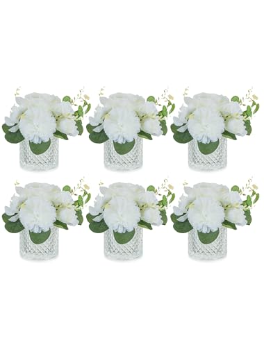 NUPTIO Small Fake Flower in Vase: 6 Pcs Silk Artificial Flowers with Clear Glass Vases for Living Room Bathroom Office Decor - Faux Rose Mums Floral Arrangements Wedding Dining Table Centerpiece - color: Clear, size: 6pcs