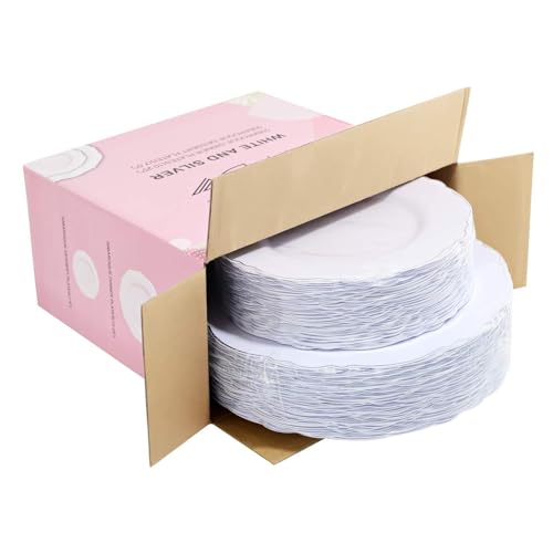 WDF 100pcs Silver Plastic Plates - High-end Baroque Design - Heavy Duty White &Silver Plates for Christmas Upscale Parties &Wedding - color: Silver, size: 100PCS