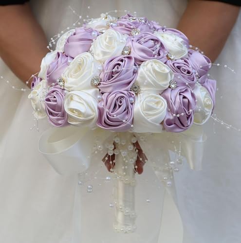 Ujicde Romantic Wedding Bouquet Bridal Bridesmaid Round Bling Brooch Bouquet Throw Toss Artificial Rose Flower Bunch with Sparkle Rhinestone Crystal Decoration(Ivory+Purple,Dia. 6.3"*16cm) - color: Ivory+purple, size: Dia. 6.3"*16cm