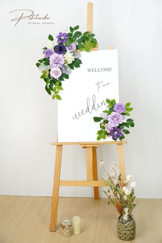 Wedding Decor Pack of 2 Welcome Sign Flower Backdrop Garland for Ceremony Reception Wall Easel Home Decoration Entryway Faux Outdoor Board Head Table Decor Lilac & Cream - color: Lilic & Cream