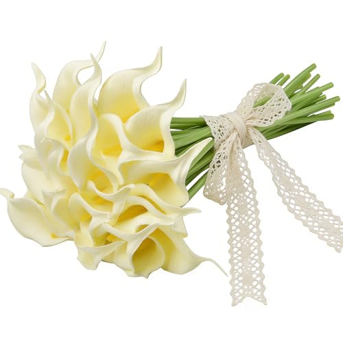 Calla Lily Bridal Wedding Festival Decor Bouquet Real Touch Latex Flower Bouquet Pack of 20 (Off-White) - color: Off-white