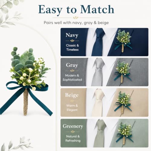 ChezMax Wedding Handmade Corsage Fake Succulent Eucalyptus Plants Realistic Greeny Boutonniere Wedding Decor 2pcs - color: C-greeny Boutonniere-2 Pcs