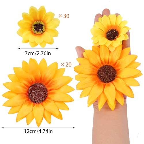 50Pcs Artificial Sunflowers Flowers Yellow Fake Silk Sunflower Heads Decorations for Graduation Cap Home Tables Wedding Baby Shower DIY Craft Party Decor