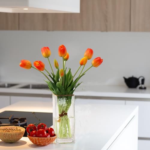 10 Pcs Fake Tulips Tulips Artificial Flowers Real Touch Fake Flowers Artificial Flower Bouquet for Home Table Party Wedding Decoration (Orange) - color: Orange