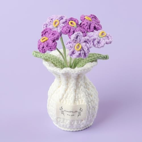 Forget Me Not Crochet Flower Plant, Small Cute Handmade Knitted Flowers with Vase, Small Crochet Potted Artificial Flower Plants for Desk Home Car Dashboard Office Decorations (Forget Me Not-Purple) - color: Forget Me Not-purple