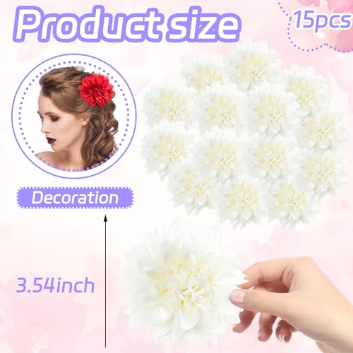 Silk Dahlia Artificial Flowers Bulk, 15 Pcs Fake Dahlias Flowers Heads for Craft, 3.5 Inch White Large Flower Heads Faux Flowers for Wedding Party, Home Office, Hat, Wall Decoration - color: White