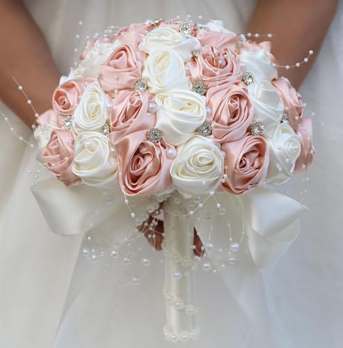 Ujicde Romantic Wedding Bouquet Bridal Bridesmaid Round Bling Brooch Bouquet Throw Toss Artificial Rose Flower Bunch with Sparkle Rhinestone Crystal Decoration(Peach Pink+Ivory,Dia. 6.3"*16cm) - color: Peach Pink+ivory, size: Dia. 6.3"*16cm