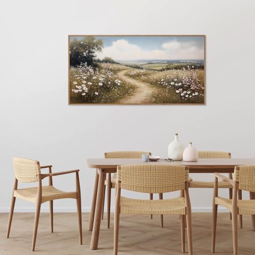 Rantodecor Rustic French Country Framed Canvas Wall Art, Vintage Flower Field Wall Decor, Calming Nature Landscape Art Paintings, Modern Wildflower Artwork for Farmhouse Bedroom Living Room 40"x20" - color: Rustic French Country, size: 40"L x 20"W
