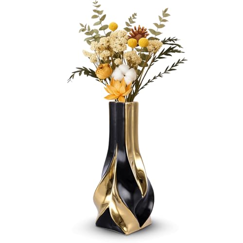 10.6" Black and Gold Ceramic Vase, Modern Geometric Flower Vase for Dining Table Centerpiece, Elegant Decorative Vase for Pampas Grass, Living Room, Bedroom, Office, Tabletop Decoration - color: Black Gold