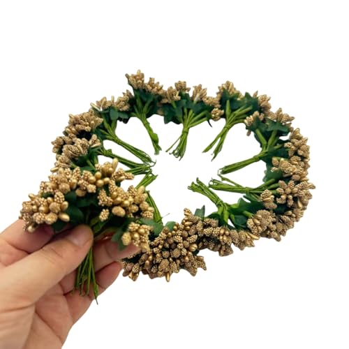 144pcs Artificial Mini Flower Stamen Pistil and Soft Stem,20mm Tiny Berry for DIY Make Bridal Hair Clips,Cake Top,Wrist Corsage Boutonniere,Candle Rings Wreath Bracelet Flower (Gold) - color: Gold