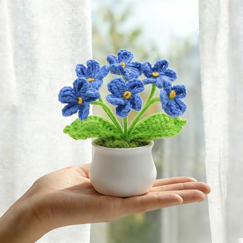 LAIDANLA Blue Crochet Flowers Forget Me Not, Mini Handmade Flower Potted Plants for Desk, Anniversary Appreciation Graduation Birthday Gifts for Women Friend Teacher Coworker - color: Blue
