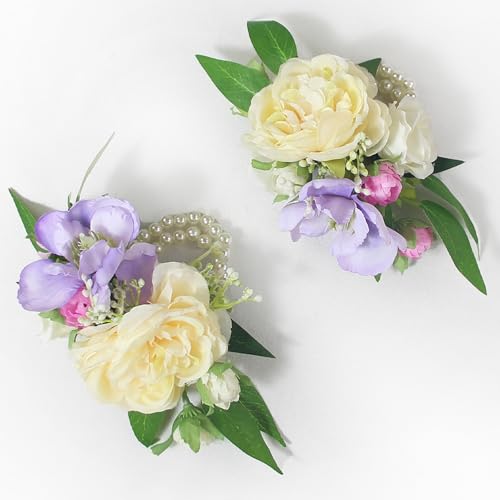 Rinlong 2Pcs Purple Wrist Corsage for Wedding, Prom, Homecoming | Bridesmaid, Mother of the Bride Corsage - color: 15-orange Pink