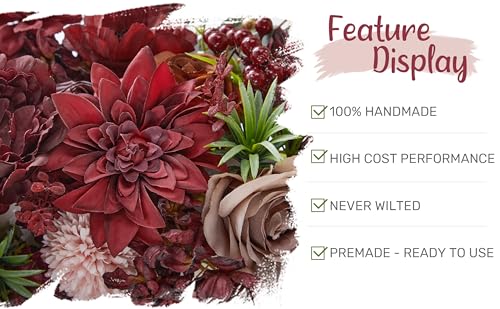 Wedding Arch Flowers with Drapes Kit (Pack of 4) - 2pcs Artificial Burgundy Deluxe Swag with 2pcs Sheer Drapes for Wedding Ceremony Arbor Reception Backdrop Rose Floral Decoration - color: Burgundy