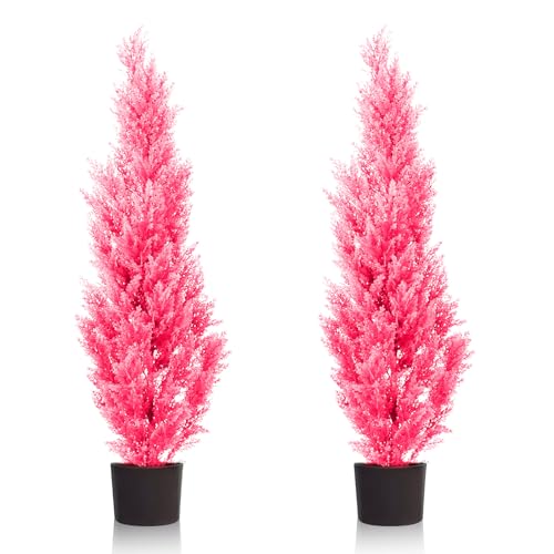 Two 4-Foot Pink Artificial Plants-Indoor and Outdoor Artificial Trees, Anti-Ultraviolet Artificial shrubs-Outdoor Pink Cedar-are Very Suitable for Home Front Porch Courtyard Decoration - color: 4ft Pink