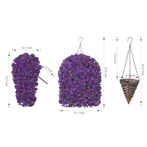 HyeFlora Artificial Faux Hanging Flowers Plants Basket for Outdoor Outside Porch Decoration, UV Resistant Fake Silk Purple Morning Glory Trailing Vines Realistic for Summer Home Balcony Yard Patio - color: Purple Morning Glory