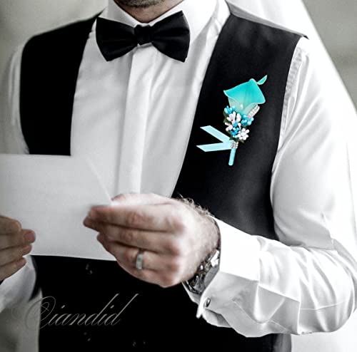 Ciandid Calla Lily Boutonnieres Set of 6, Groom Groomsman Best Man Boutonniere, Handmade Silk Flower for Wedding Ceremony Anniversary (Calla Lily-Blue, 6pcs) - color: Turquoise