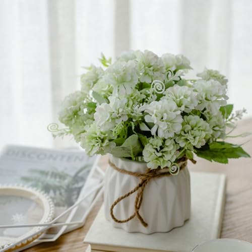 TKAS Fake Flowers Arrangement in Ceramic Vase, Artificial Faux Silk Hydrangea, Small Realistic Dried-Style Floral, Dining Table Centerpiece for Wedding Party Home Decoration (Green) - color: Green