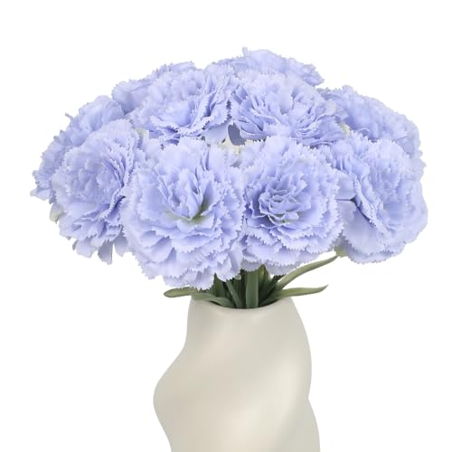 Blue Carnations Artificial Flowers 10Pcs Large Carnations Heads Lush Silk Flowers Bouquet with Stems for Wedding Bouquets Bridal Home Table Centerpieces(Light Blue) - color: Blue