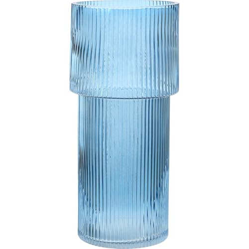 Large Glass Vase, 12 Inches Tall Vase for Flowers, Blue Flower Vases for Bouquet, Modern Blue Glass Vases for Living Room, Dining Table, Office, Entryway, Mantle, Shelf, Wedding Gifts - color: Blue, size: Ribbed 12 Inches