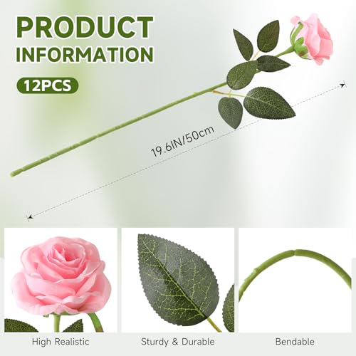Tifuly Pink Roses Artificial Flowers - 12 pcs Realistic Single Long Stem Fake Silk Roses Bouquet for Party Home Wedding Centerpiece Office DIY Decor - color: Pure Pink