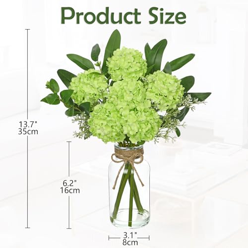 Hollyone Green Hydrangea Artificial Flowers in Clear Glass Vase with Faux Water Silk Hydrangeas Fake Flowers Floral Arrangement for Home Bathroom Kitchen Office Table Centerpiece Shelf Decorations - color: Green
