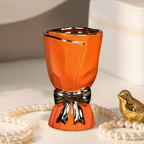 Orange Ceramic Vase with Bow - 7 Inch Small Vase for Home Decor, Modern Flower Vases for Living Room, Nightstand Shelf and Desk Decor, Bookshelf, Dining Table Centerpiece - color: Orange, size: 7 inch