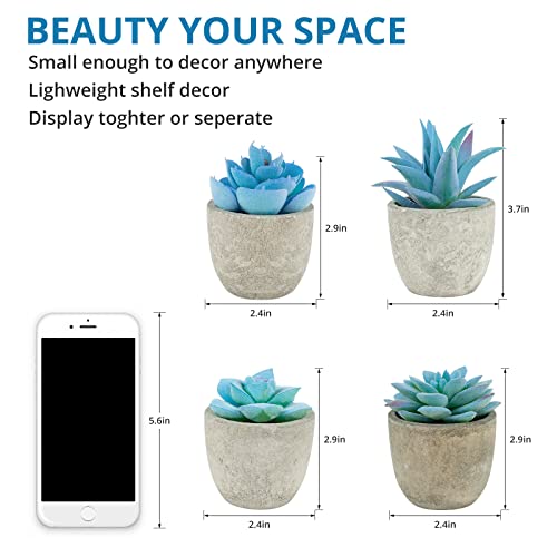 4 Pack Blue Fake Succulent Plants in Pots, Mini Potted Artificial Succulents for Home Office Shelf Decor, Small Faux Succulents for Bathroom Bedroom Kitchen Desk Decorations - color: 4pcs Blue