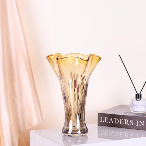 9.0"H Amber Glass Vases for Flowers, Unique Hand Blown Glass Vase Amber Gold Home Decor, Wide Mouth Colorful Flower Vase Centerpieces, For Living Room Table Bookshelf, Bathroom Office Shelf Decorative - color: Gold Amber