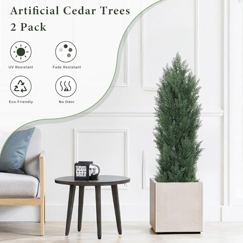 THE BLOOM TIMES 4ft Topiary Trees Artificial Outdoor Set of 2, UV Resistant Faux Cedar Pine Cypress Bushes & Shrubs, Fake Plants for Front Porch Outside Planter Patio Decor 4 Foot Tall - color: Dark Green Cedar Trees, size: 4 Foot