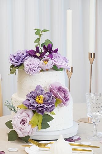 Artificial Flower Purple Combo Box Set Fake Rose Dahlia for DIY Wedding Center Bouquet Bride Baby Shower Party Tables Decoration Floral Arrangements. - color: Lavender & Dark Purple
