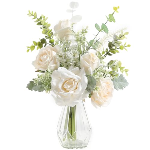 Artificial Flowers with Vase,White Silk Roses and Fake Plant Eucalyptus in Vase,Faux Flower Arrangement with Vase Suitable for Home Office Decoration, Living Room and Dining Table Centerpiece - color: White-1