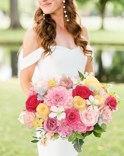 FACINOC Roses Artificial Flowers Pink Yellow Fake Flower Bulk for Easter Spring Wreath DIY Wedding Bouquet Bridal Baby Shower Party Table Centerpiece Home Decorations Silk Floral Arrangements Fuchsia - color: Fuchsia Pink, Yellow
