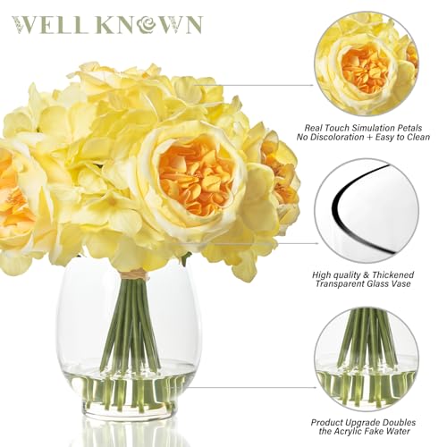 WELL KNOWN Artificial Austin Roses and Hydrangea Petals, 11.5" H Silk Roses Flower Bouquet with Fake Water in Glass Vase, Faux Peony for Home Decor, Table Decor, Weddings, Gift (Yellow) - color: Yellow