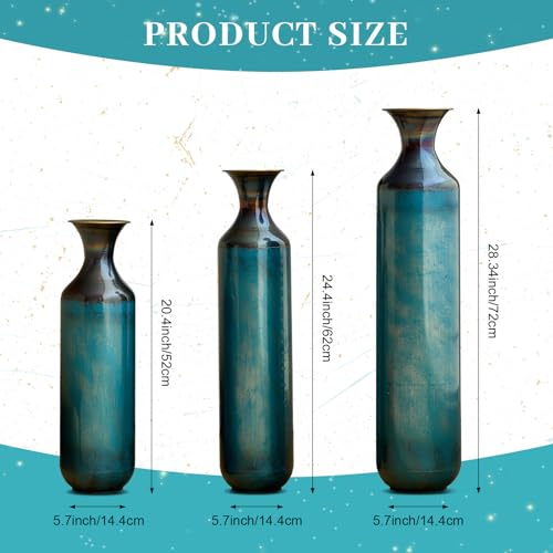 Floor Vases Decorative Tall Set of 3, Teal Blue Torch-Fired Metal Standing Vase for Decor Living Room Rustic Burnt Finish Vases for Fireplace Corner Hallway, Bedroom, Entryway - color: Teal Blue1