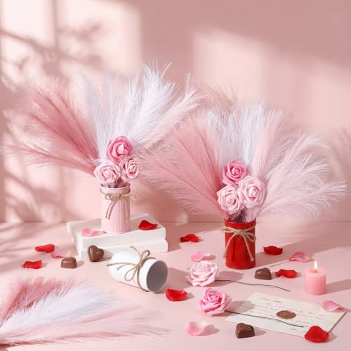 Zeyune 3 Sets Pampas Grass and Rose Table Centerpiece Set, 3 Metal Bud Vases with 18 Pcs Faux Pampas Stems and Roses for Wedding, Bridal Shower, Anniversary Dinner, Home Table Decor - color: 3 Colors, size: Pampas Grass and Rose