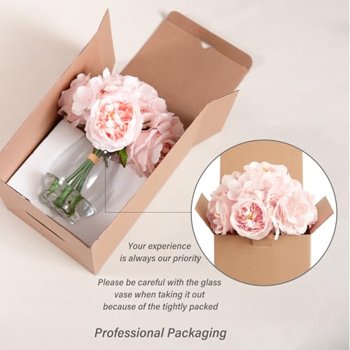 WELL KNOWN Artificial Austin Roses and Hydrangea Petals, 11.5" H Silk Roses Flower Bouquet with Fake Water in Glass Vase, Faux Peony for Home Decor, Table Decor, Weddings, Gift (Pink) - color: Blush Pink